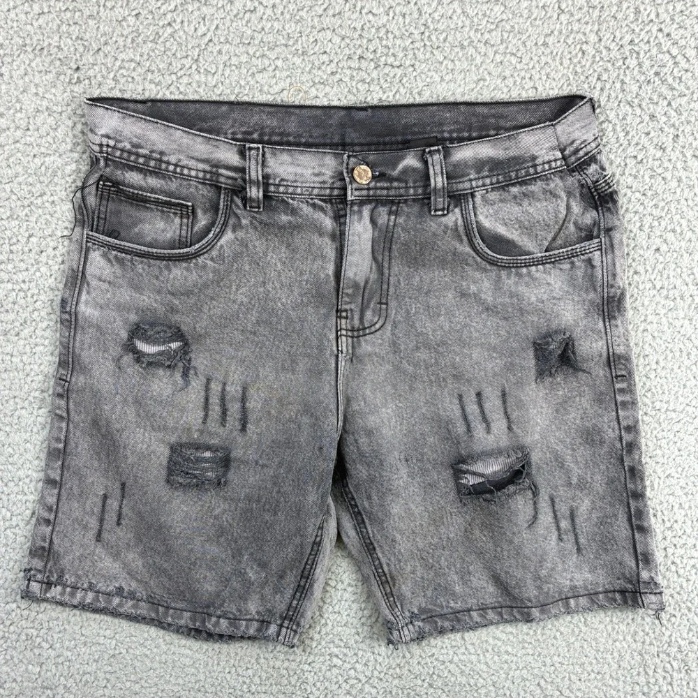 Deiter Premium Mens Denim Shorts Size 32 Gray Acid Wash Distressed Ripped